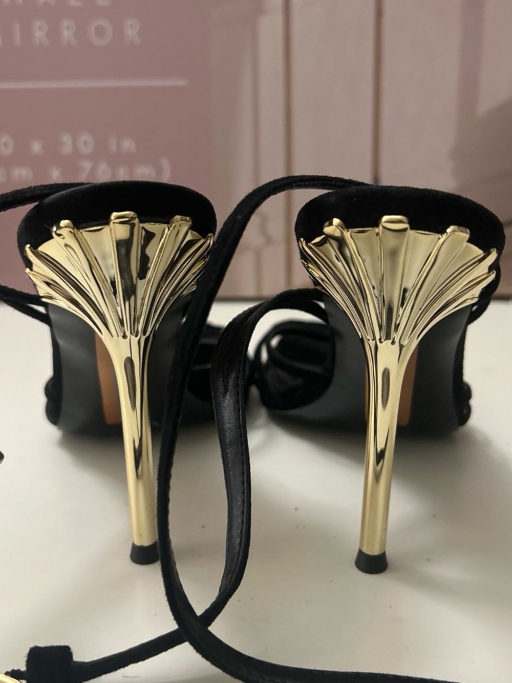Sam Edelman Black Suede Sandal Heels with Gold Sculpted Stilettos